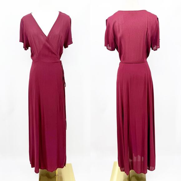 Lulus Burgundy Wrap Maxi Dress L Short Sleeve V Neck Flowy Lined Wedding Guest - Picture 2 of 8
